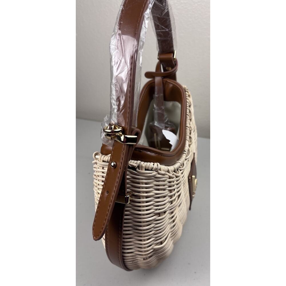 LOULU Woven Rattan Straw Saddle Bag Brown Faux Leather Handle Boho Purse - Picture 4 of 8